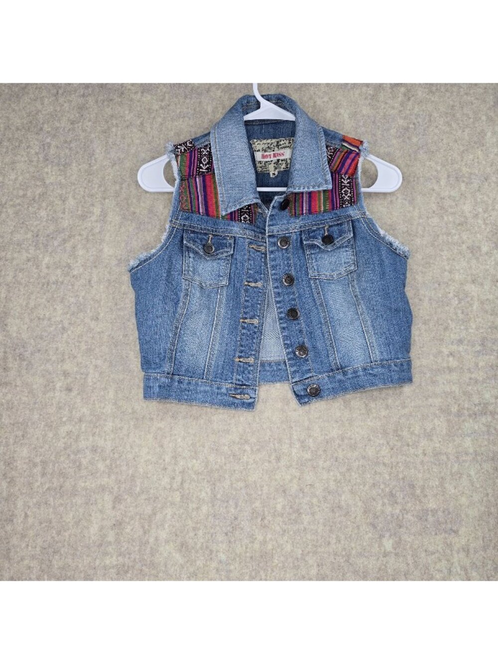 Hot Kiss Denim Vest With Aztec Embroidered Yoke Light Wash Button-Front Size S